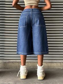 StreetHx 女士时尚休闲百搭刺绣条纹七分牛仔裤 - 深色水洗藍 - 查看 4