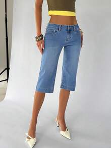 TRNVIE Fashionable Casual Wide Leg Opening Slit Low Waist 7/8 Length Jeans - Medium Wash - View 4