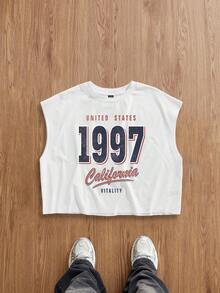 Manfinity Joysei Men's Retro 1997 Print Oversized Cropped Tank Top - White - View 1
