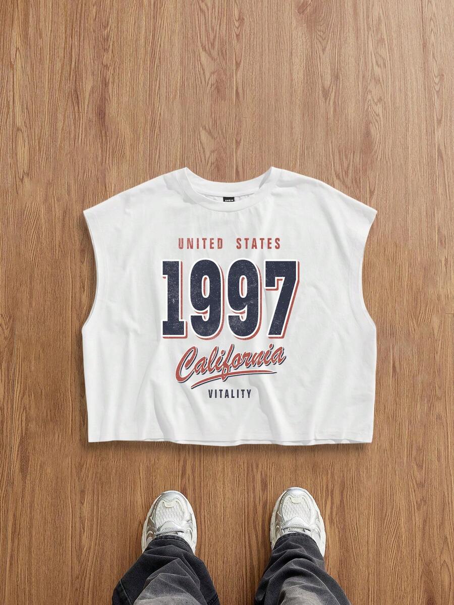 Manfinity Joysei Men's Retro 1997 Print Oversized Cropped Tank Top - White - View 1