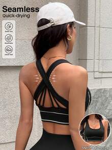Dewbera Dewbera 高强度运动文胸，撞色露背瑜伽健身跑步文胸，黑色 - 黑色 - 查看 1