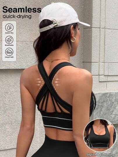 SHEIN Dewbera Sujetador deportivo de alto impacto para mujeres, sujetador de yoga, fitness y running con espalda de contraste de color, negro