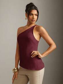 Hauture Sexy Summer Office Casual Simple Solid Asymmetrical One Shoulder Hem Tank Top - Burgundy - View 5