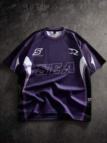 ROMWE MEN Street Life 男士字母印花圆领休闲宽松T恤 - 紫色 - 查看 2