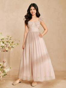 少女粉色中长连衣裙，网纱提花高端少女连衣裙，适合夏季外出穿着 - 粉色 - 查看 5