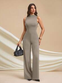 SHEIN Tall Bộ jumpsuit dài màu đen thanh lịch, gợi cảm, không tay, xếp ly, ống rộng, thích hợp mặc hàng ngày, hẹn hò, đi chơi, dự tiệc, kiểu dáng layering thanh lịch cho nữ, jumpsuit bất đối xứng, jumpsuit ống rộng, jumpsuit ngày Valentine, jumpsuit mặc hàng ngày, jumpsuit dài thanh lịch cho người cao. - Xám - Xem 4