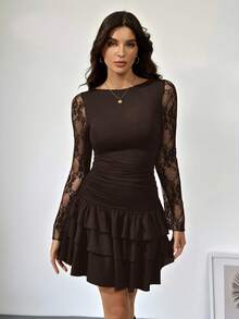 SHEIN Tall Đầm ngắn nữ màu đen phối ren, xếp lớp, viền bèo nhún, kiểu dáng mới, thích hợp cho mùa thu. - màu nâu - Xem 5