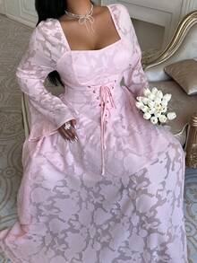 Lyrianda Plus Size Long Sleeve Tie-Front Romantic Sweet Elegant Chic Fashion Dress - Pink - View 1