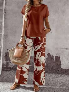 EMERY ROSE 2pcs/Set Women Casual Loose Fit Round Neck Top And Pants, Versatile Outfit Suitable For Spring And Autumn,Casual - Multicolor - View 3