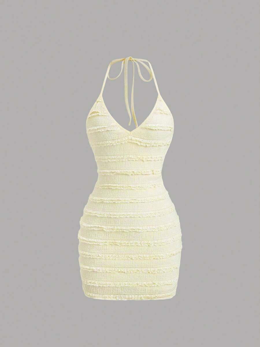 Sweetra Sweet Knitted Texture Frill Trim Open Back Lightweight Vacation Tie Strap Mini Dress For Women, Spring/Summer - Light Yellow - View 1