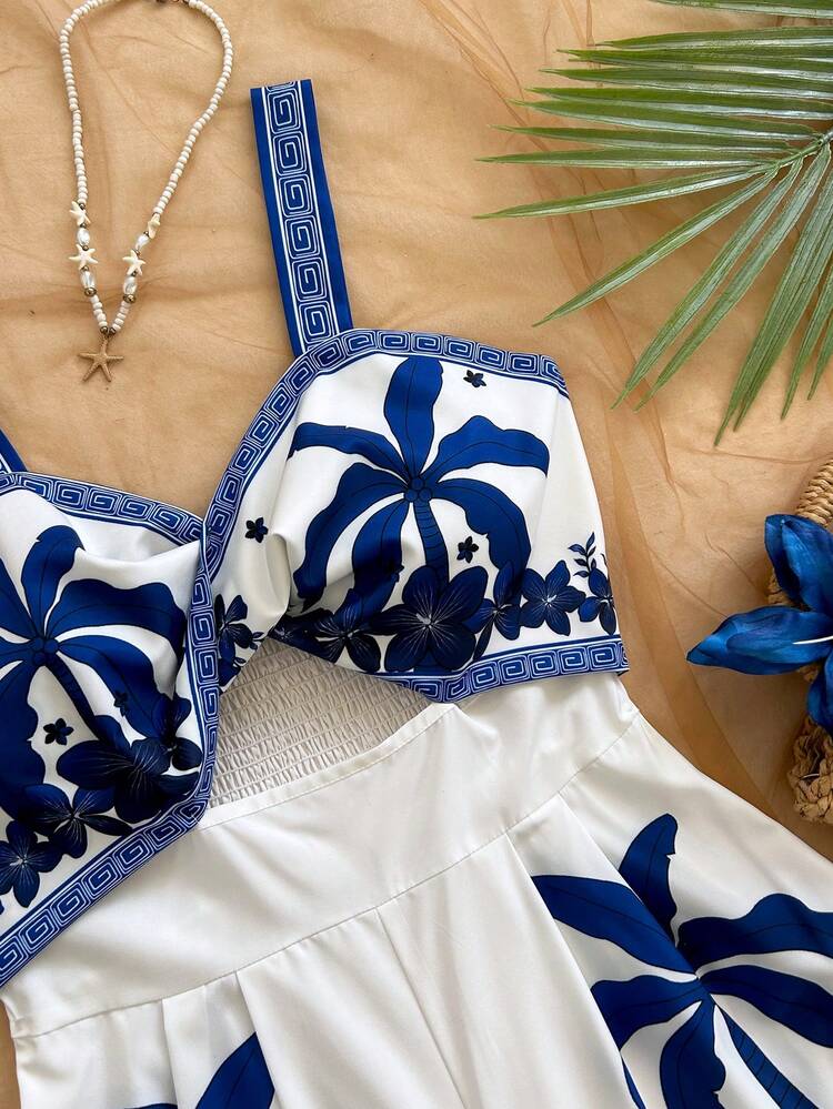 SHEIN WYWH Women's Vacation Casual Tropical Print Twist Hollow Out Romper - Blue and White - View 4