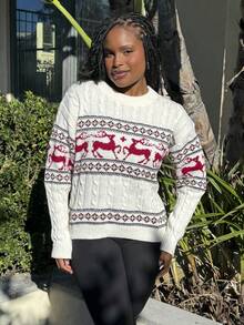 Tyla Gomez 女士休闲驯鹿图案圆领落肩长袖毛衣，秋冬 - 白色 - 查看 1