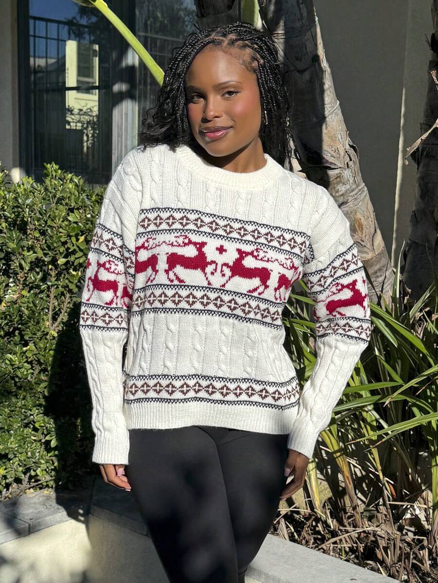 Tyla Gomez 女士休闲驯鹿图案圆领落肩长袖毛衣，秋冬 - 白色 - 查看 1