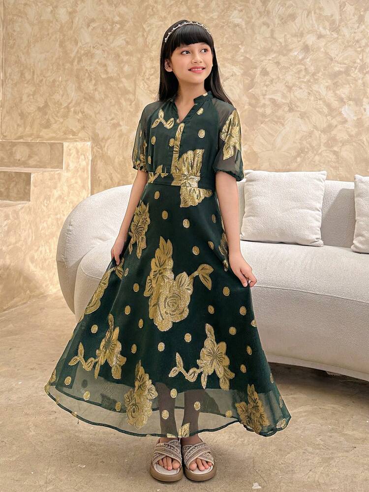 Tween Girl Notched Neck Floral Print Elegant Short Sleeve Dress Summer