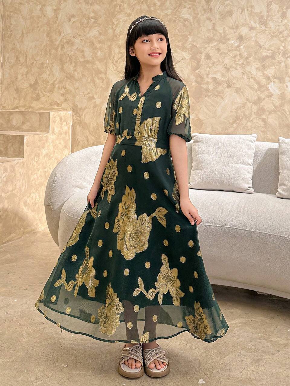 Tween Girl Notched Neck Floral Print Elegant Short Sleeve Dress Summer
