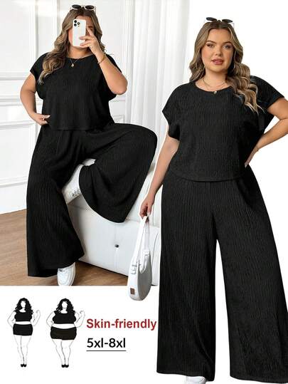 SHEIN CURVE+ Plus Size Soft Textured Solid Black Short Sleeve Top And Pants 2 Pieces Casual Set