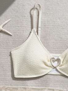 SHEIN 女童可爱三件套泳衣，带披肩/荷叶边装饰，时尚休闲优雅泳装，适合游泳、夏季度假、海滩、泳池、节日派对等场合。 - 杏色 - 查看 3