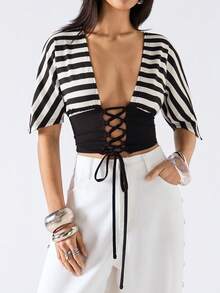 LYSMO 2026 New Arrive Minimalism Spring/Summer Women's Sexy Striped Patchwork Criss-Cross Tie Front T-Shirt, Summer - Black and White - View 5