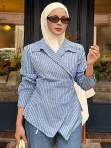 DAZY Women's Casual Striped Asymmetric Collar Blouse, Spring/Summer Long Sleeve - Blue - View 8