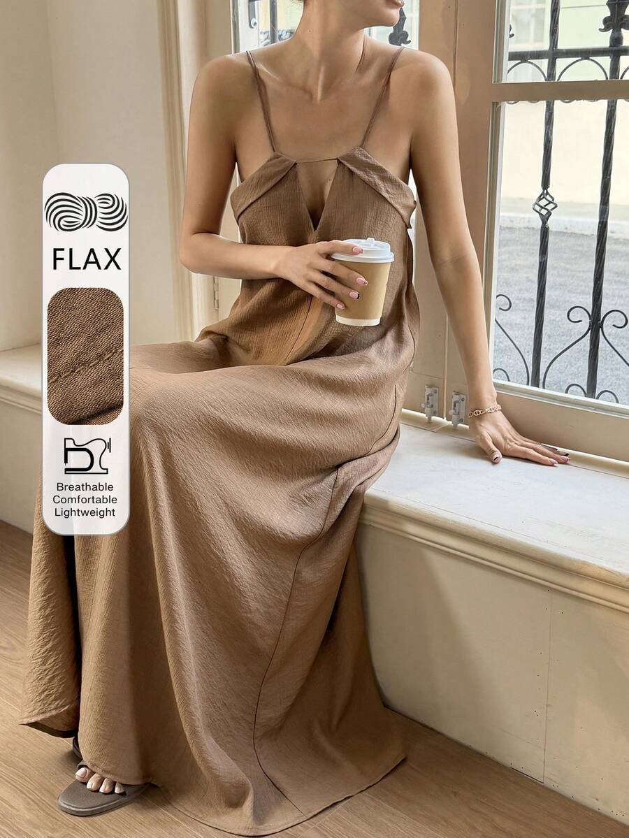 Livesso Đầm slip dáng rộng, tối giản, thắt eo, khoét lỗ, hở lưng, thích hợp cho ngày Valentine, đám cưới, đi chơi, đi biển, đi làm, đầm midi thanh lịch cho nữ. - Màu Khaki - Xem 1