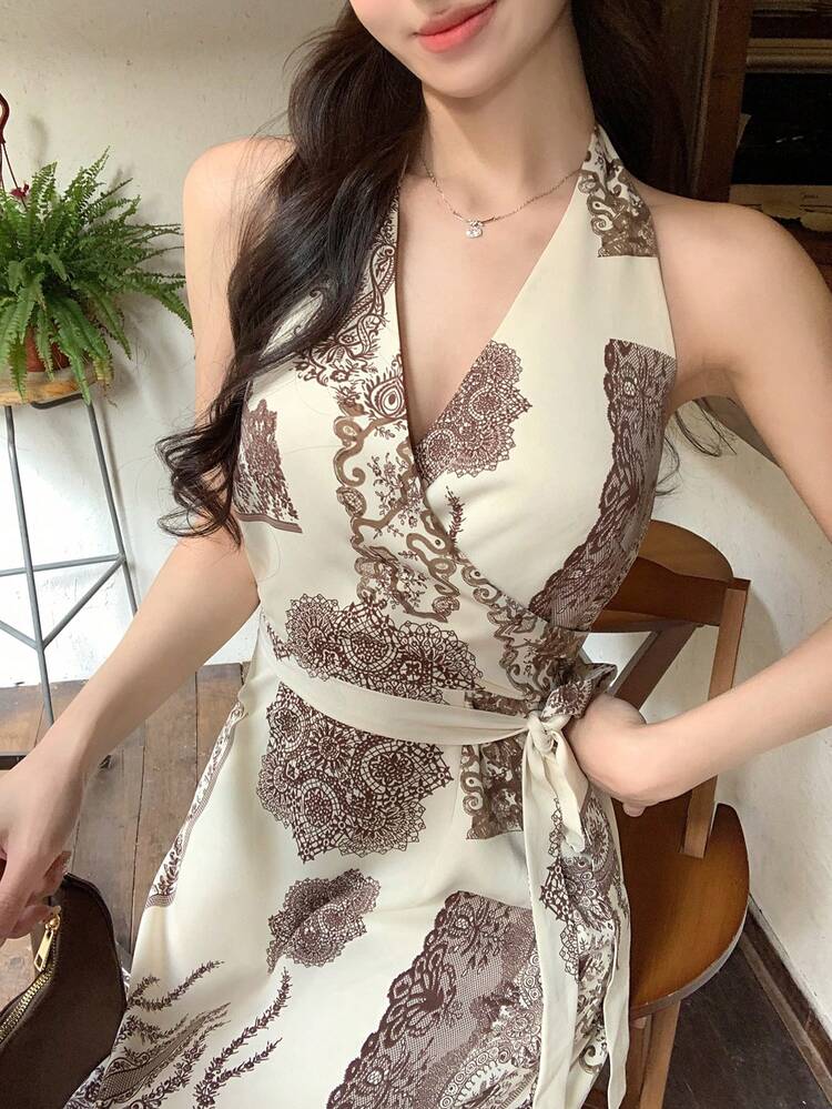 Women's Minimalist Print Halter Dress Summer Boho