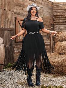 Ceyna Vestido casual largo con flecos para tallas grandes - Negro - Ver 8
