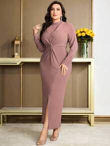 Modelyn 大码女式时尚优雅水钻扭结开衩紧身连衣裙 - 粉色 - 查看 8