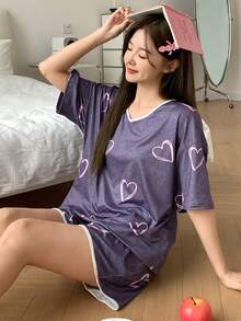DAZY 女士宽松爱心印花撞色滚边睡衣套装，夏季 - 紫色 - 查看 5