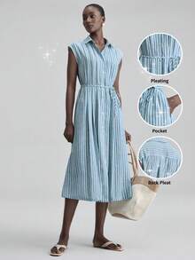 Ontre 2026 New Spring/Summer Women's Romantic Valentine's Day, Wedding Season, Holiday Dress, Pleated Collar Design Blue Striped Loose Fit Cinched Waist Shirt Dress, Suitable For Teacher's Day - Blue and White - View 1