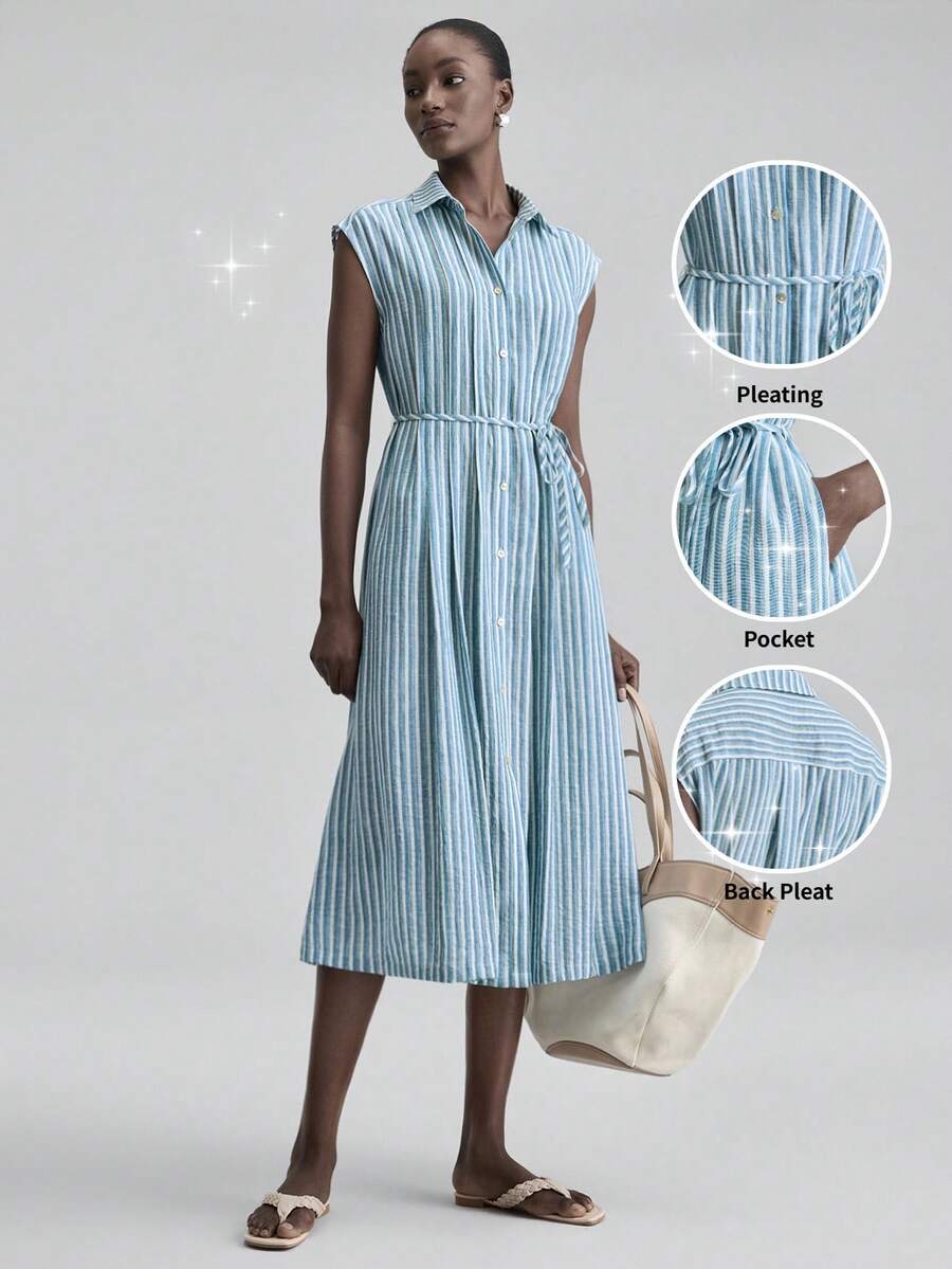 Ontre 2026 New Spring/Summer Women's Romantic Valentine's Day, Wedding Season, Holiday Dress, Pleated Collar Design Blue Striped Loose Fit Cinched Waist Shirt Dress, Suitable For Teacher's Day - Blue and White - View 1