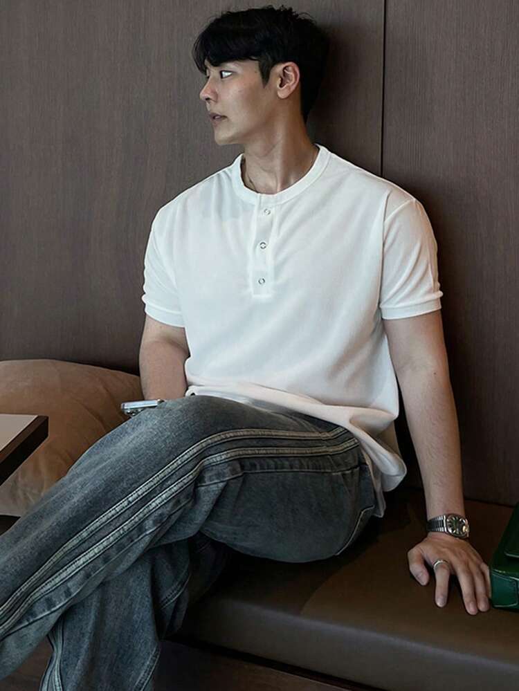 Men's Solid Color Round Neck Half-Placket Short Sleeve T-Shirt, Summer