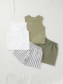 SHEIN 4件套幼儿男童宽松无袖上衣和条纹短裤套装，浅绿色和白色，休闲复古度假风，夏季 - 彩色 - 查看 3