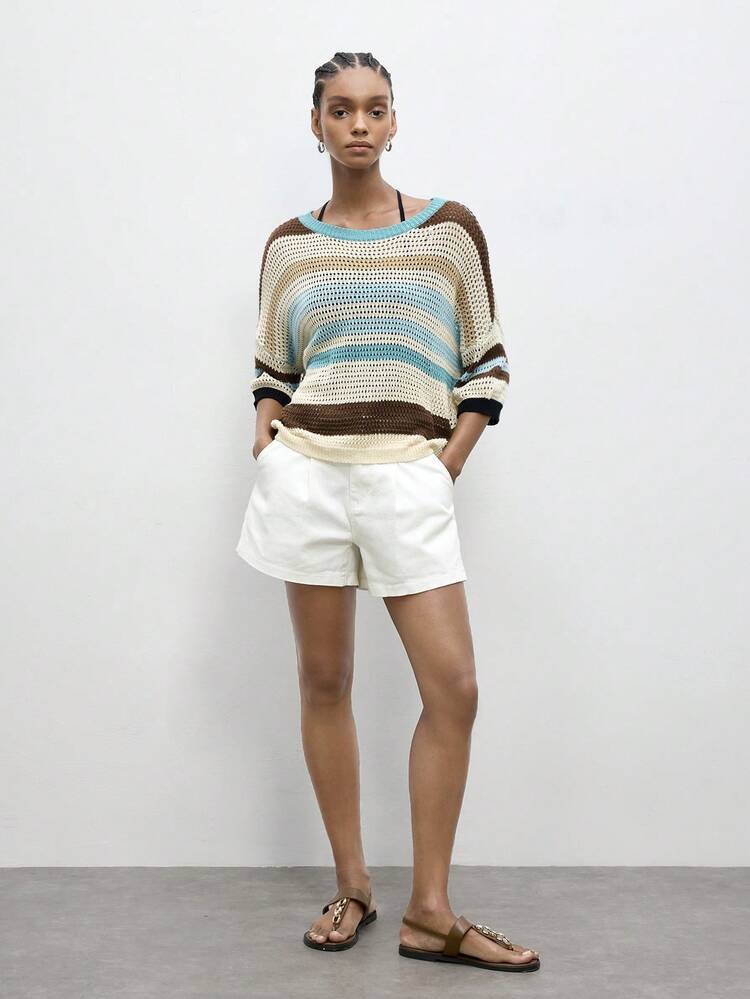 SHEIN Maija Top tricoté à manches longues pour femmes, col rond, à motif de rayures contrastées et ajouré. Idéal pour le printemps, l'été et les vacances à la plage. Top tricoté coloré et artistique avec rayures ajourées, parfait pour les sorties, élégant, pour les vacances et la plage.