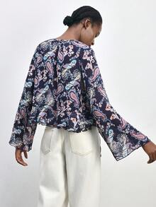 Maija Navy Blue Paisley Pattern Ruffle Hem Loose Vacation Blouse For Women - Multicolor - View 7