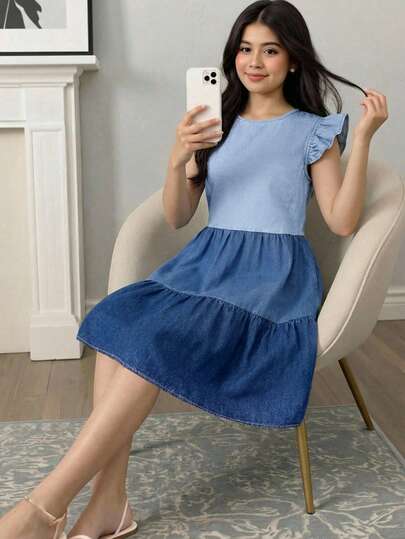 SHEIN Tonårsflickors mode Casual Y2k Vintage Coola Gatufärger i ljust och mörkt blått Bekväma, lösa jeansklänningar för tonårsflickor Vardagskläder för tonårsflickor Vår- och sommarkläder för rave-flickor Festival- och streetwear-kläder