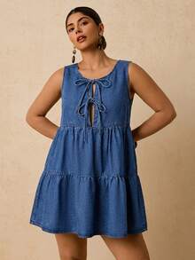 Travachic 大码女式纯色圆领无袖系腰荷叶边下摆牛仔夏季连衣裙 - 藍色 - 查看 9