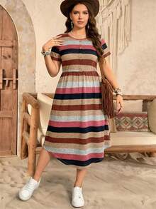 SHEIN LUNE SHEINLUNE Plus Size Women Striped Short Sleeve Knit Dress,Pink And Grey Summer Boho Vacation Holiday Outfits,Modest Spring Resort Wear,Tropical Club - Multicolor - View 3