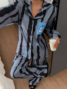 DAZY 2件套条纹星形图案宽松开衫长袖直筒裤睡衣套装，春秋季女装 - 深灰色 - 查看 3