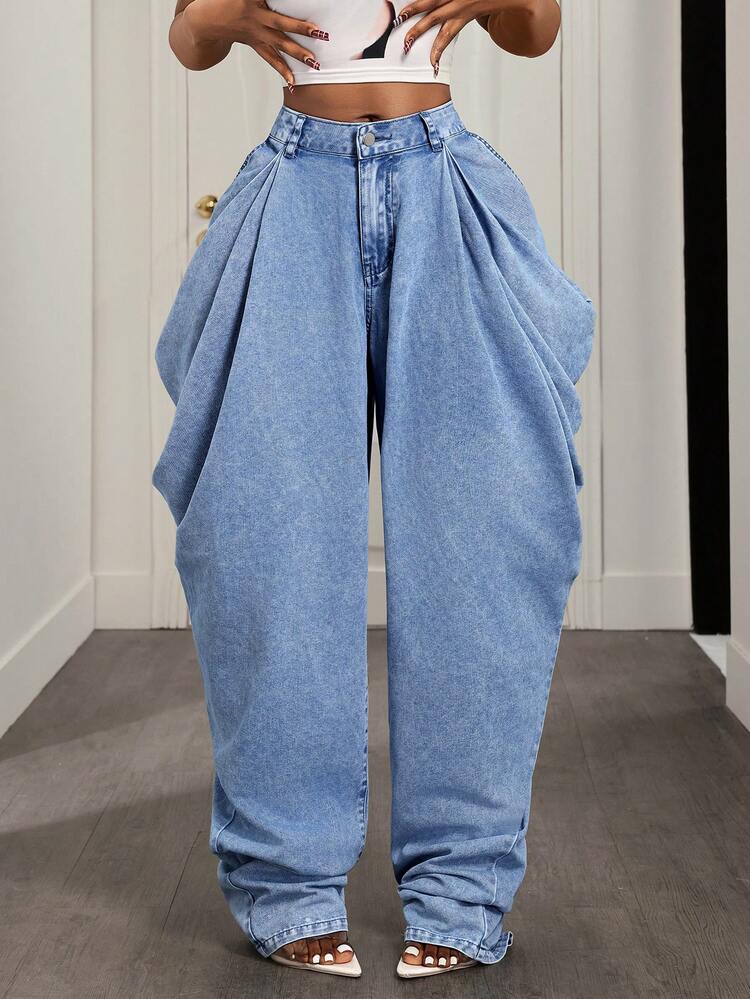 BamGleam 女士休闲褶皱哈伦牛仔裤 - 藍色 - 查看 4