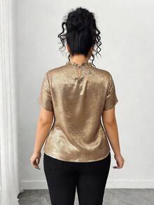 Elenzga 女士时尚荷叶边领短袖金属光泽衬衫 - 金色 - 查看 2