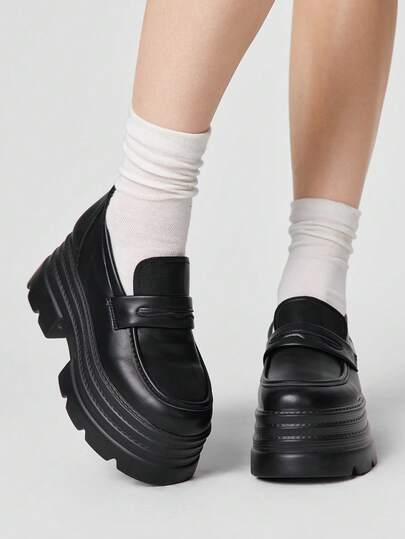 ROMWE Goth Women's Black Slip-On Loafers, Mary Jane Flat Shoes, Japanese JK Uniform Style, Formal Work Shoes, Platform & Thick Sole Flats For Christmas