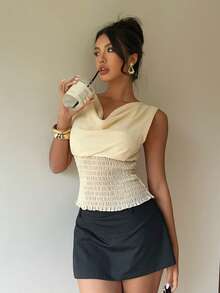 Siren Gaze Women's Draped Neck Pleated Blouse, Summer Casual Top, Ruched Top, Draped Top, Summer Tops Women, Yellow Top - Apricot - View 6