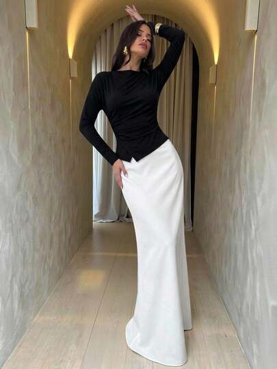 Firerie Women's Casual Elegant Color Block Long Sleeve Dress, Suitable For Commuting, Outing, Dating, And Parties