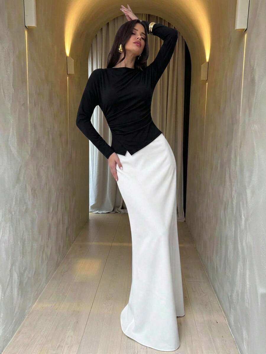 Firerie Đầm dài tay phối màu thanh lịch, kiểu dáng thường ngày dành cho nữ, phù hợp cho đi làm, đi chơi, hẹn hò và dự tiệc. - Đen và trắng - Xem 1