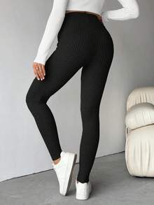 SHEIN Tall Women Ribbed High Waist Leggings Four Seasons - Black - View 2