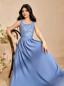 SHEIN 少女撞色蕾丝方领无袖优雅派对连衣裙 - 水鴨藍 - 查看 3