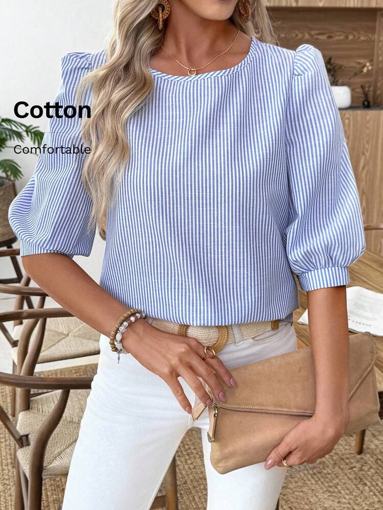 Women's Striped Lantern Sleeve Loose Casual Blouse, Summer