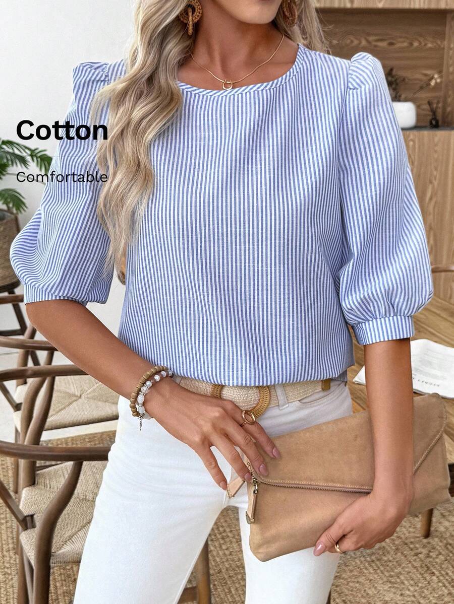 EMERY ROSE Women's Striped Lantern Sleeve Loose Casual Blouse, Summer - Blue and White - View 1