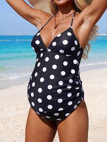 SHEIN 孕妇波点印花吊带背心式泳衣套装，适合海滩度假 - 黑與白 - 查看 7