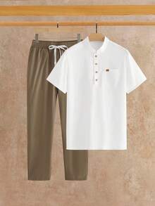 Manfinity VCAY 男士口袋纽扣半开襟短袖衬衫和裤子套装 - 白色 - 查看 6
